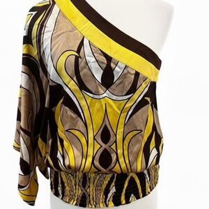 Rare Vintage Y2K Bebe 100% Silk One Shoulder Yellow Abstract Print Blouse Medium